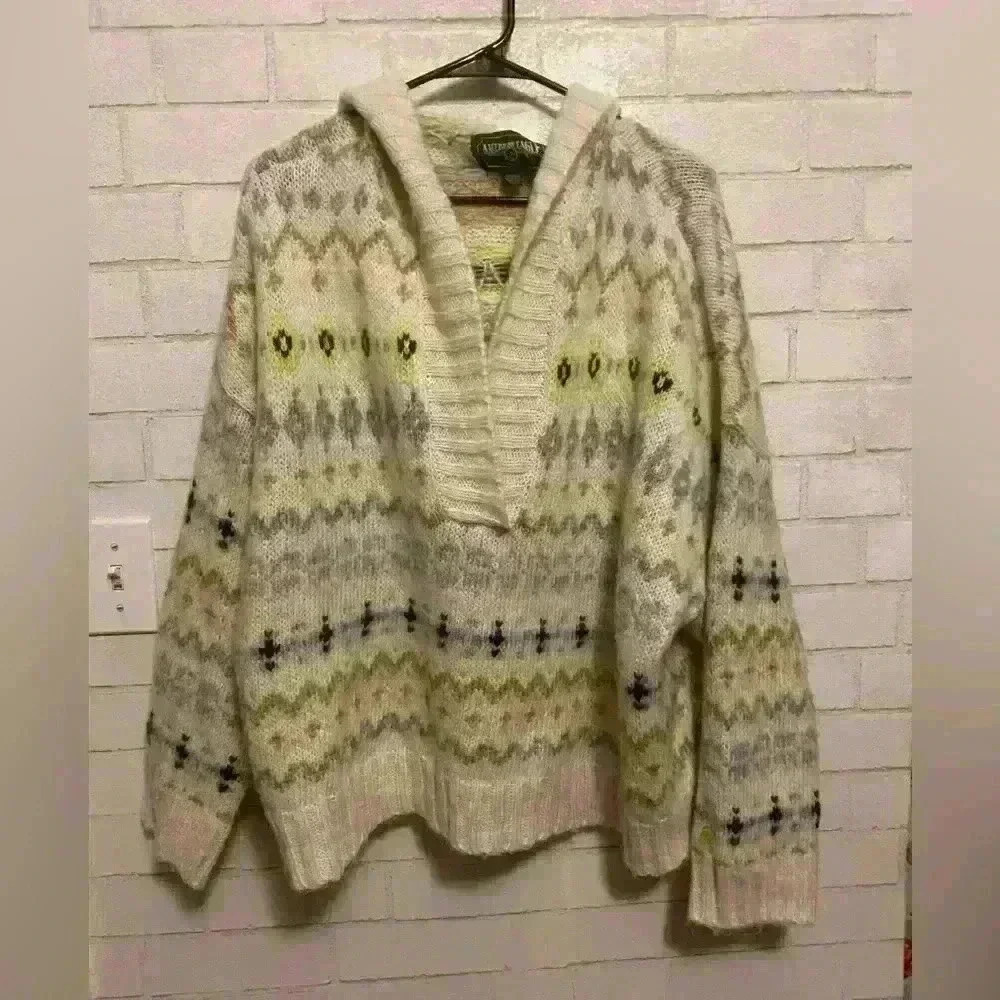 American Eagle Women Girl Fairisle Chunky oversized Hooded Sweater Size XL